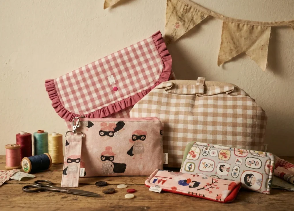 Composición de accesorios textiles hechos a mano de la colección Cositas para Todos de Cucurrina: incluye neceseres, fundas para gafas y estuches con estampados originales y acabados cuidados.