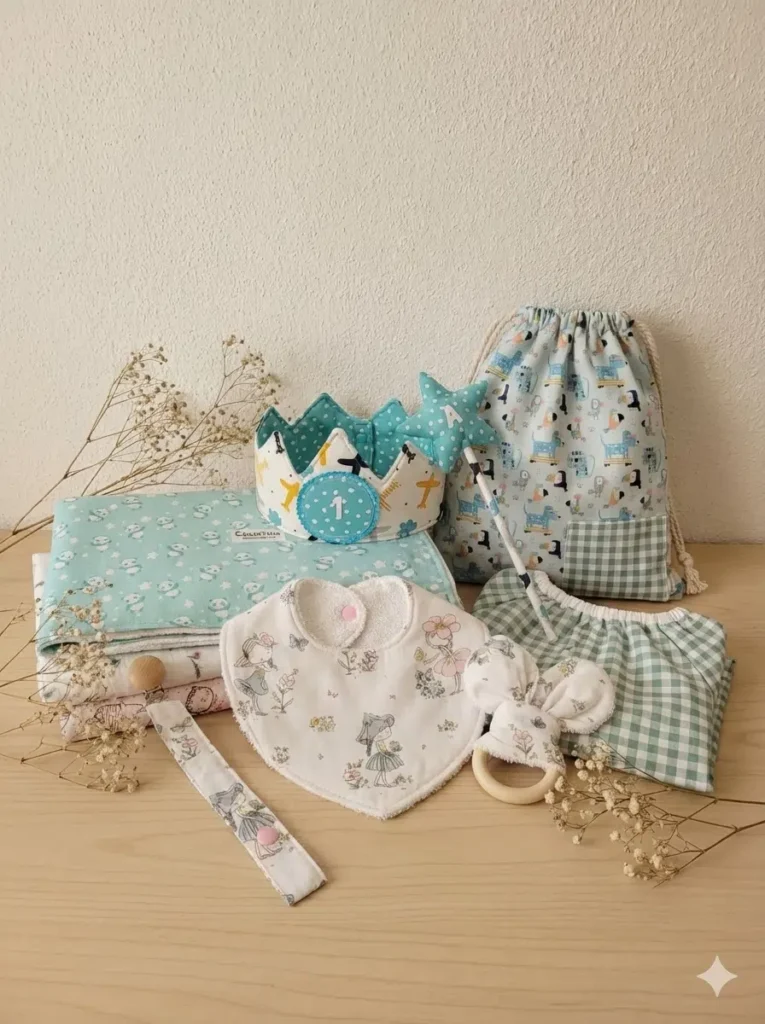 Composición de accesorios artesanales para bebé de la marca Cucurrina: incluye mantas de muselina, babero, chupetero, mordedor, corona de cumpleaños, varita y mochila con estampados variados, sobre una superficie de madera con flores secas.