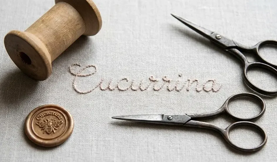 Detalle de bordado a mano con el nombre "Cucurrina", carrete de hilo vintage y tijeras antiguas, simbolizando el legado de la abuela bordadora y el origen de la marca.